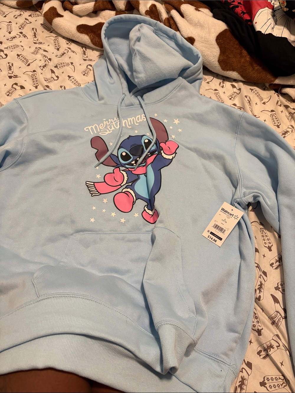 Disney Light Blue Stitch Holiday Crewneck Hoodie with Pink Accents